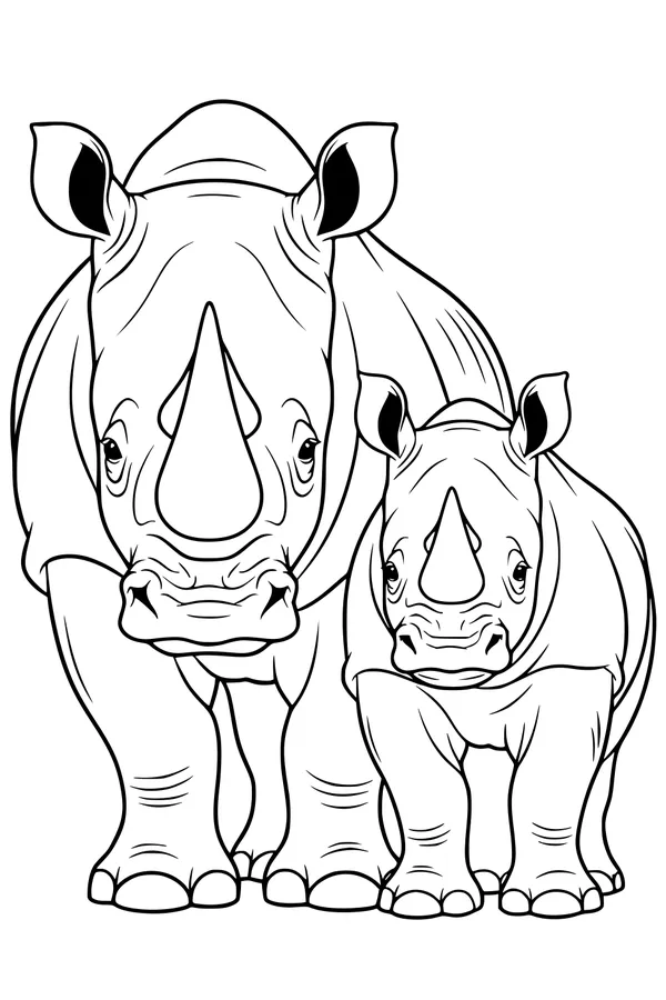 Free Rhinoceros Coloring Page - Mother Rhino With Baby Walking (Printable PDF)