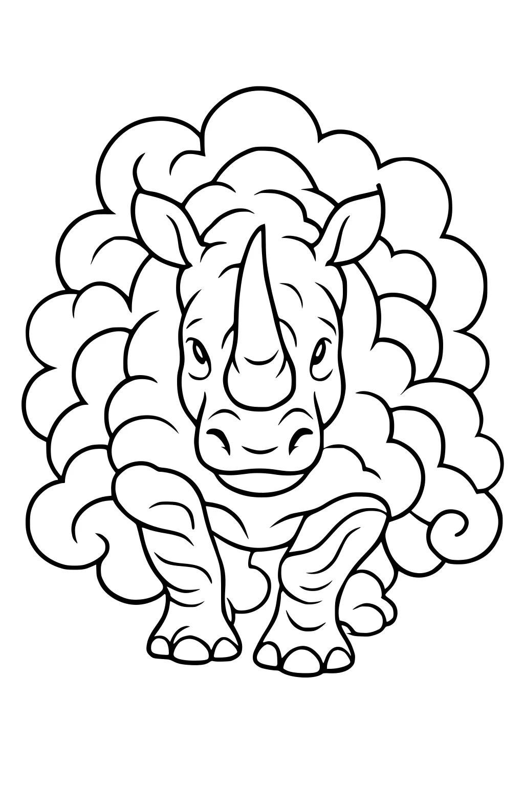 Rhinoceros with big horn standing in front of swirly, puffy clouds. Cartoon drawing with bold outlines.
