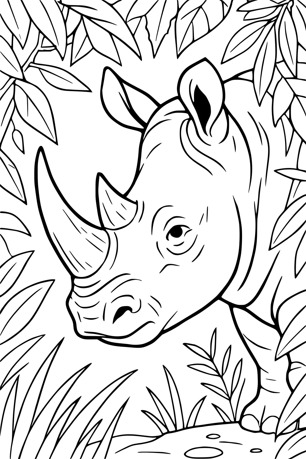 A rhinoceros with two horns stands among leafy branches and grass, facing forward with one ear perked up.