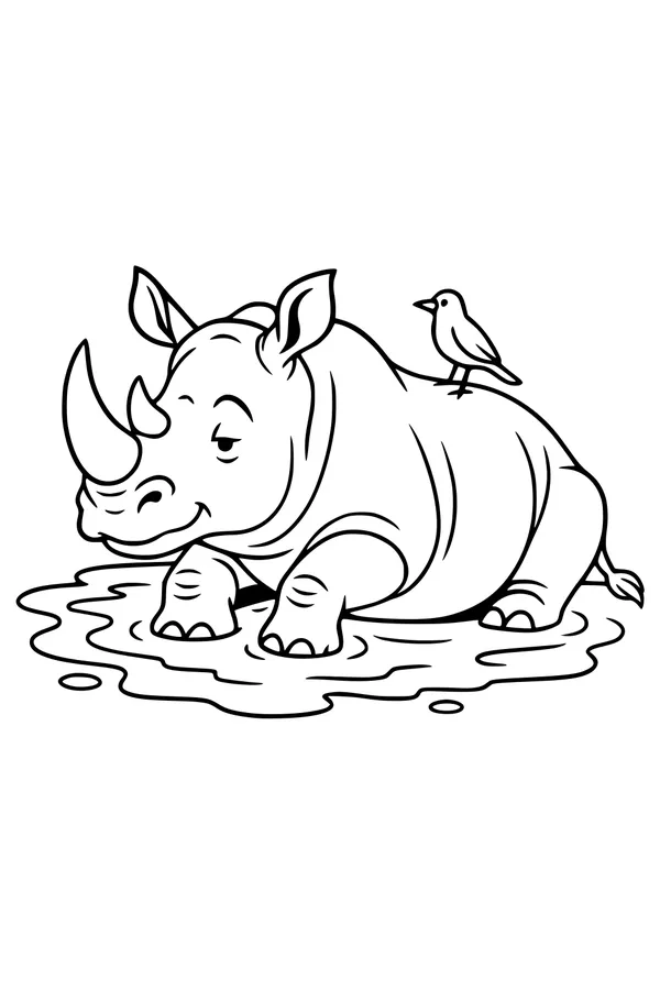 Free Rhinoceros Coloring Page - Muddy Puddle Bath With Bird (Printable PDF)