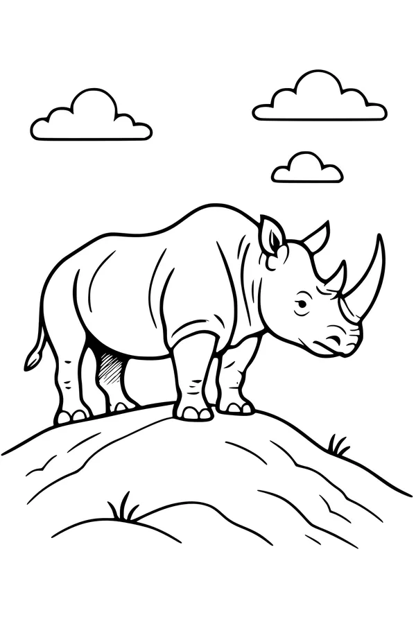 Free Rhinoceros Coloring Page - Two-Horned Rhino on Sunny Hill (Printable PDF)