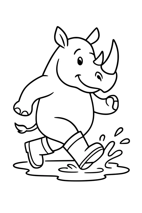 Free Rhinoceros Coloring Page - Cartoon Rhino Splashing in Puddles (Printable PDF)