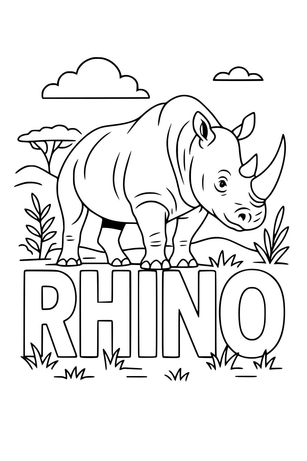Rhinoceros walking over large RHINO letters with grass, trees, and clouds.