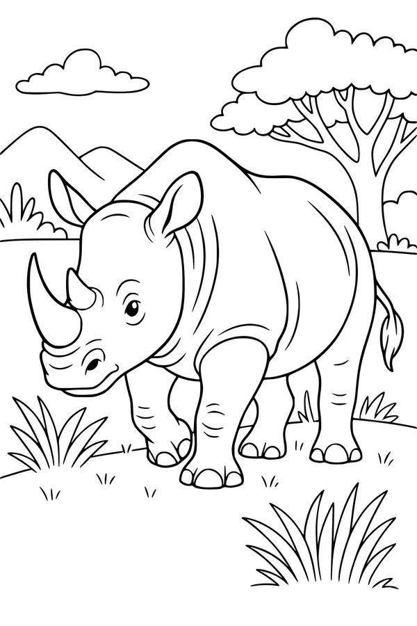 Free Rhinoceros Coloring Page - Rhino in Sunny Savannah Scene (Printable PDF)