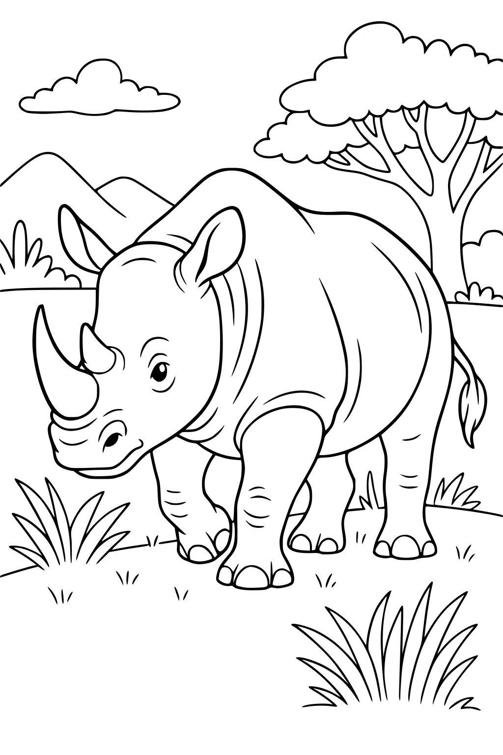 Rhinoceros on grass with tree, bushes, mountains, and clouds in background.