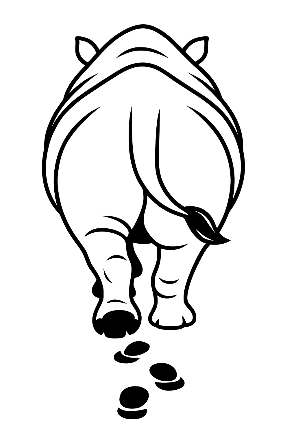 Rhinoceros walking away, showing its back and legs, with big footprints behind it.