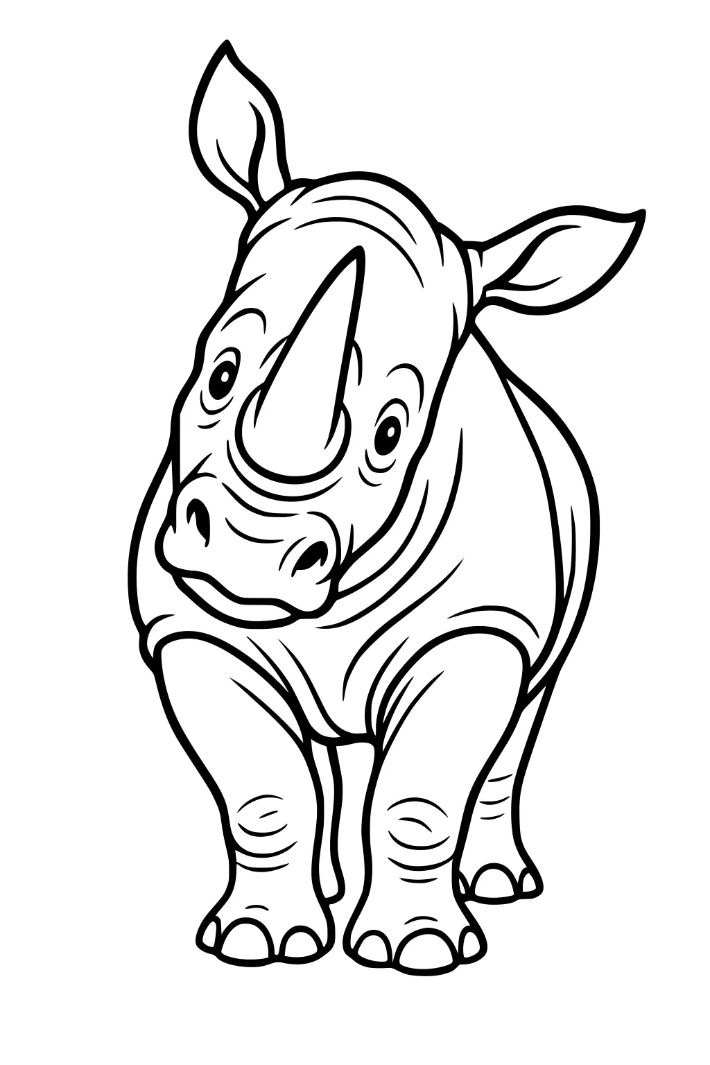 Cartoon rhinoceros facing forward with large ears, big round eyes, and a prominent horn in the center of its head.