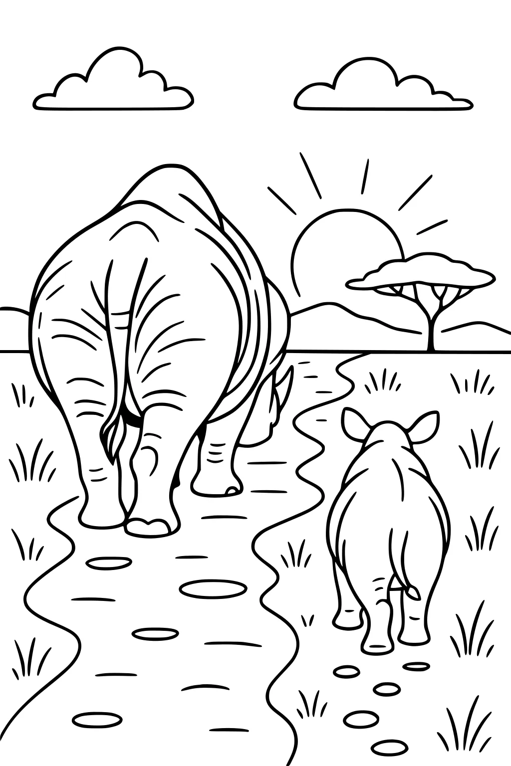 Mother rhino and calf walking away on a winding path with grass, sun, clouds, and a tree in the savanna.