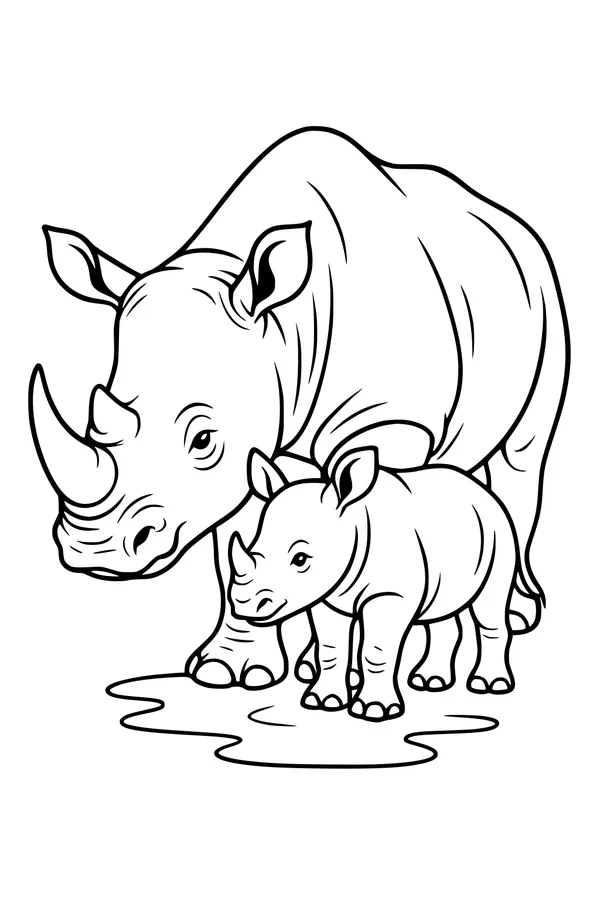 Free Rhinoceros Coloring Page - Mother Rhino and Calf by a Muddy Puddle (Printable PDF)