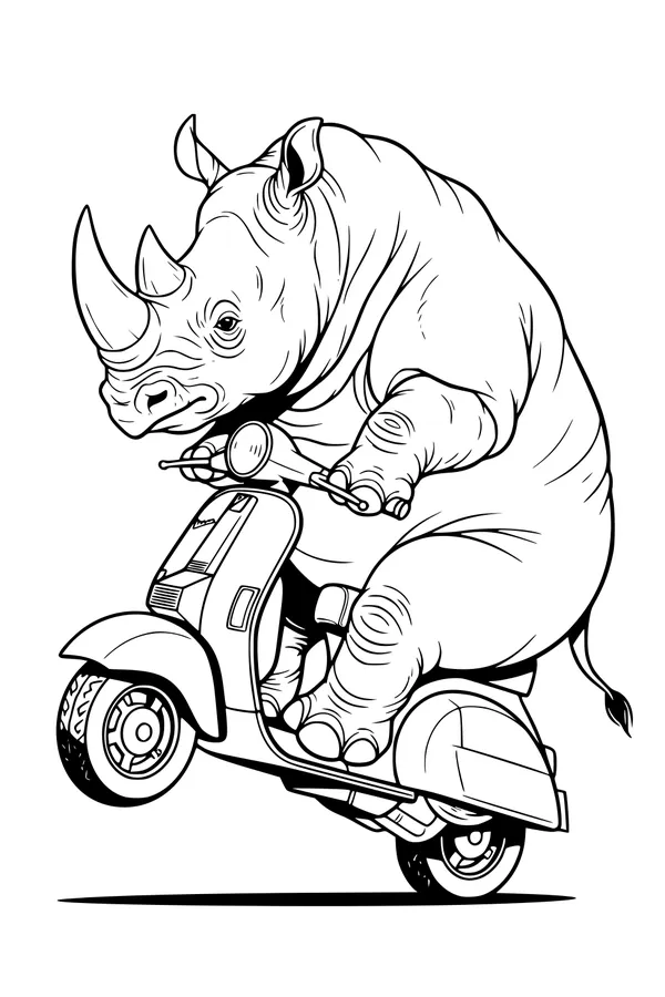 Free Rhinoceros Coloring Page - Funny Rhino Popping a Scooter Wheelie (Printable PDF)