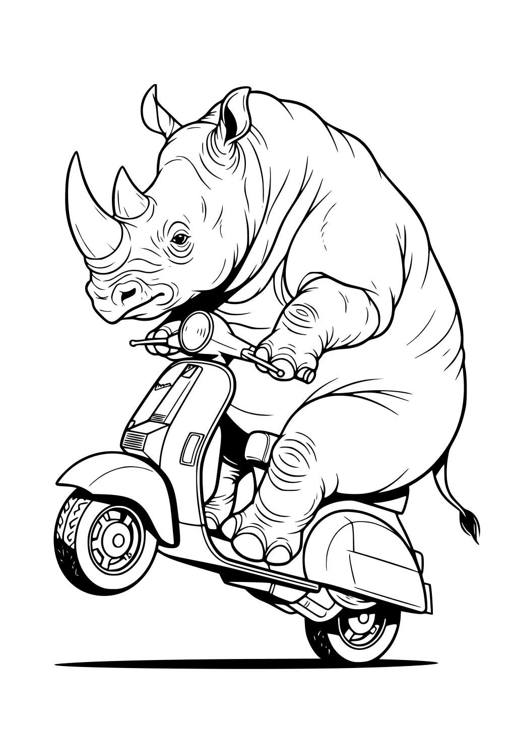 A big rhinoceros riding a scooter and lifting the front wheel, with detailed horn, thick legs, and the scooter's parts visible.