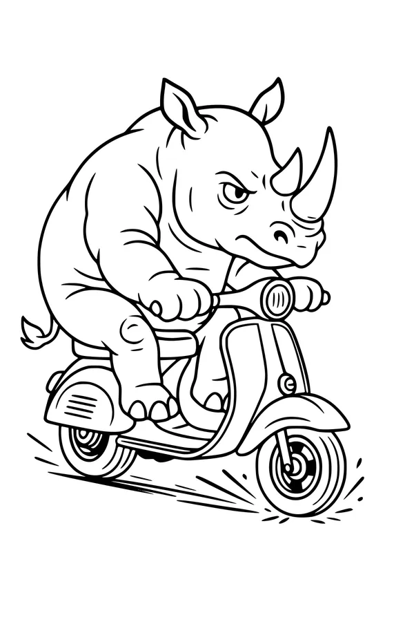 Free Rhinoceros Coloring Page - Speedy Scooter Ride (Printable PDF)
