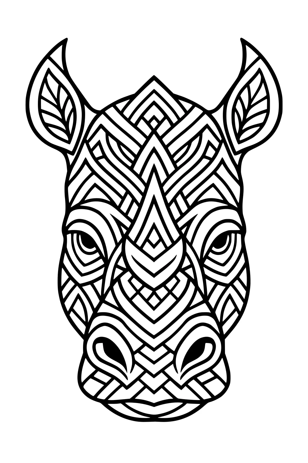 Rhinoceros head with bold zigzag and diamond patterns, big horn and ears, outlined in thick black lines.