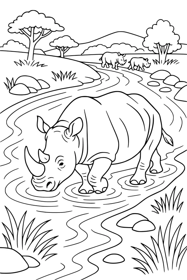 Free Rhinoceros Coloring Page - Rhino Family in River Scene (Printable PDF)