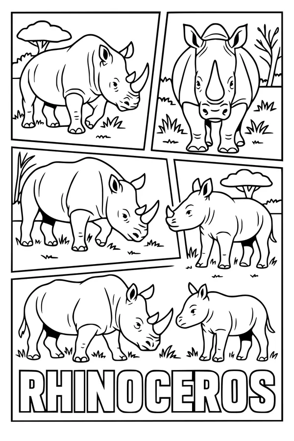 Free Rhinoceros Coloring Page - Rhinos Roaming the Savannah (Printable PDF)