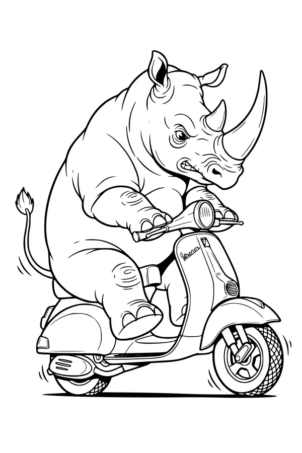 Free Rhinoceros Coloring Page - Determined Rhino Riding a Scooter (Printable PDF)