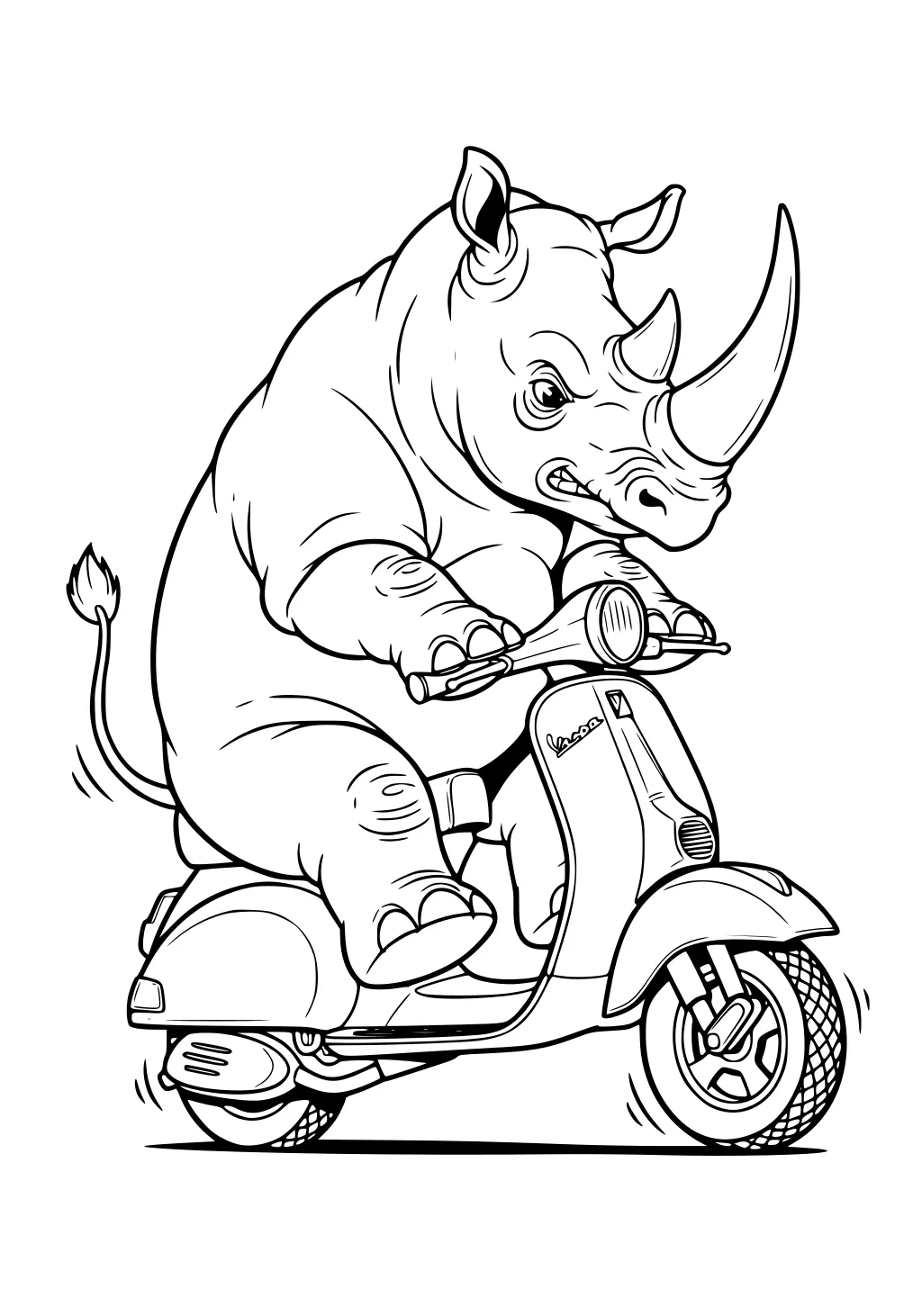 A rhinoceros with a serious face rides a scooter, steering with both hands and feet squeezed onto the platform.