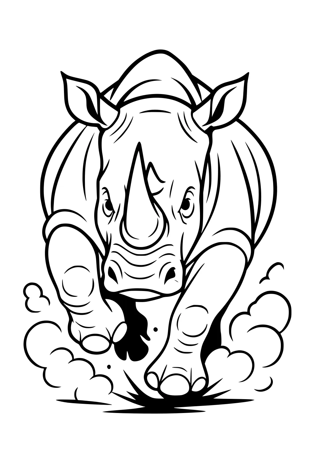 Rhinoceros with large horn running straight ahead, dust flying from its feet, bold outline drawing.