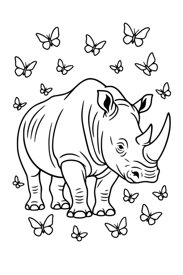 Free Rhinoceros Coloring Page - Gentle Rhino With Butterflies (Printable PDF)