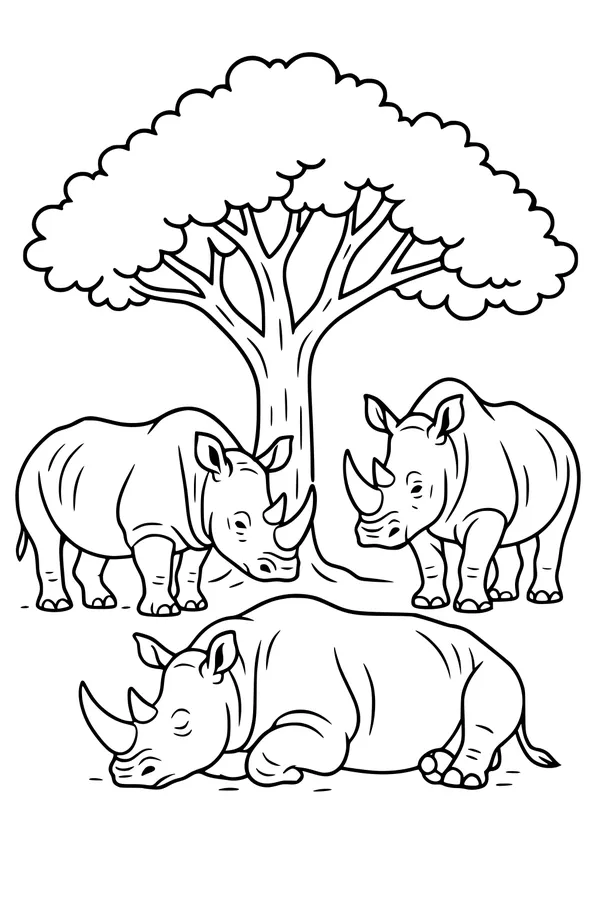 Free Rhinoceros Coloring Page - Rhino Friends Under a Shady Tree (Printable PDF)