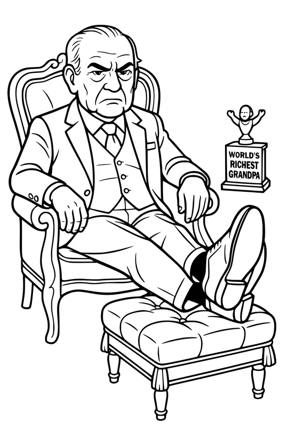 Free Grandpa Coloring Page - World's Richest Grandpa in Fancy Armchair (Printable PDF)