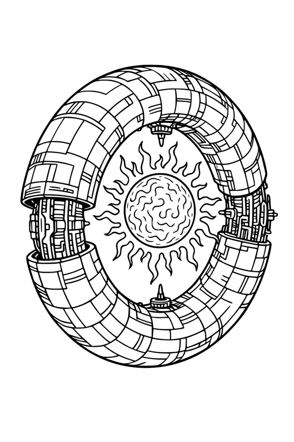 Free Alien Ring Ship Coloring Page - UFO Orbiting a Fiery Sun (Printable PDF)