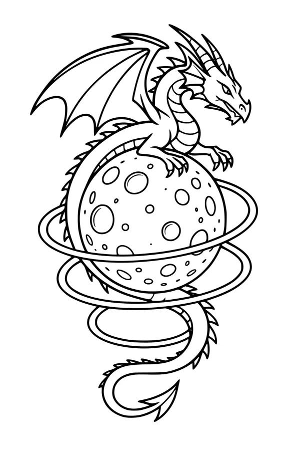 Free Dragon Coloring Page - Guardian on a Ringed Moon (Printable PDF)
