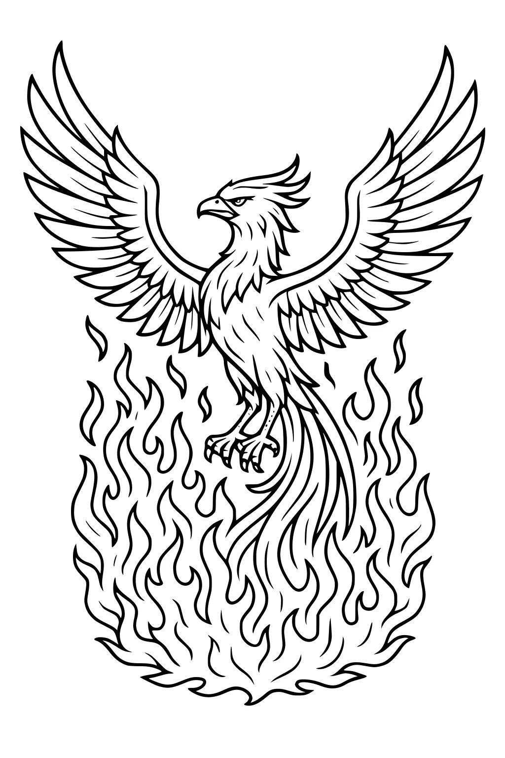 Phoenix with wide wings rises from swirling flames, long tail feathers, sharp beak and claws, black outline line art.