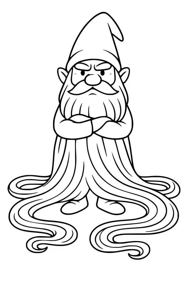 Free Gnome Coloring Page - Grumpy Gnome With Extra-Long Beard (Printable PDF)