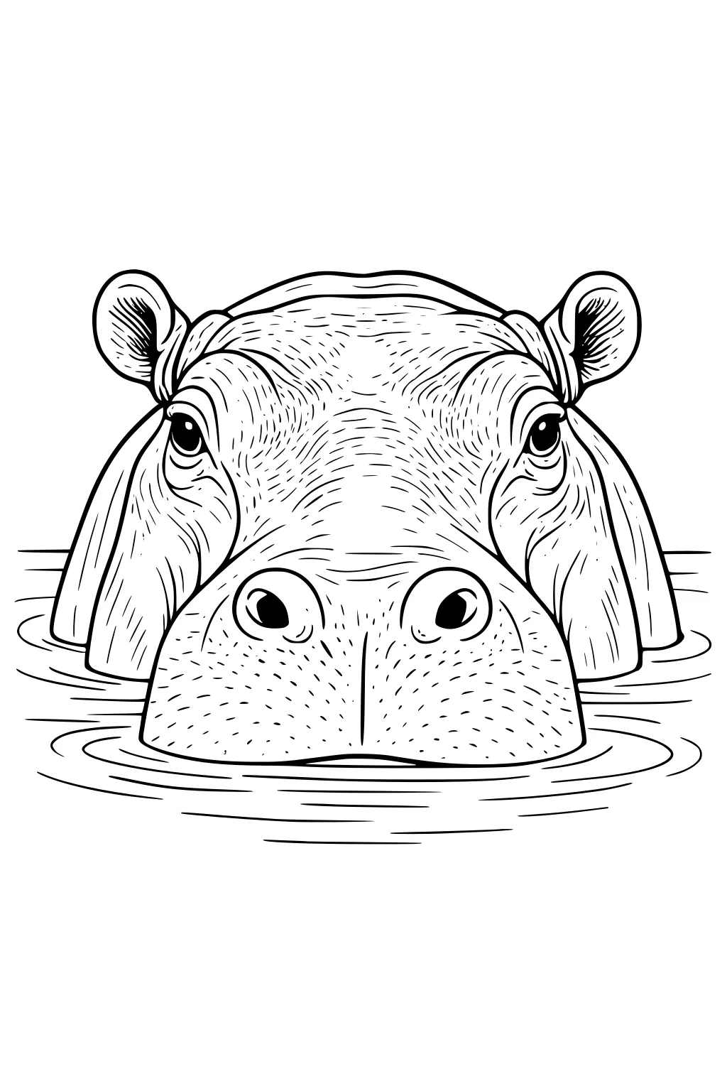 Hippopotamus head emerging from water, with big eyes and ears, and lines showing water ripples around the face.