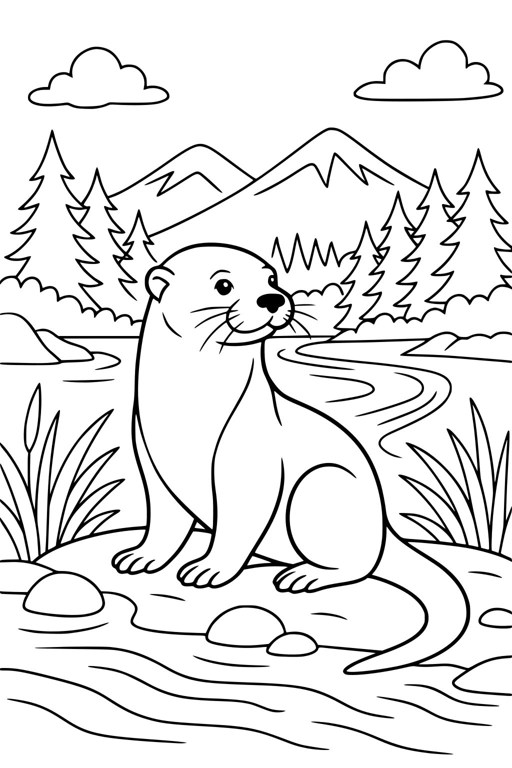 River otter sits on a rock beside a winding river, surrounded by pine trees, grass, mountains, stones, and clouds.
