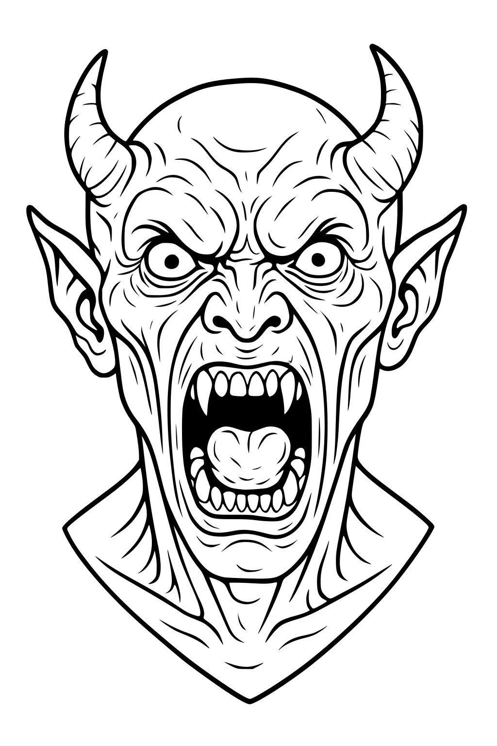 Black-and-white line art of a roaring demon head with horns, pointed ears, bulging eyes, open mouth, sharp teeth, and tongue.
