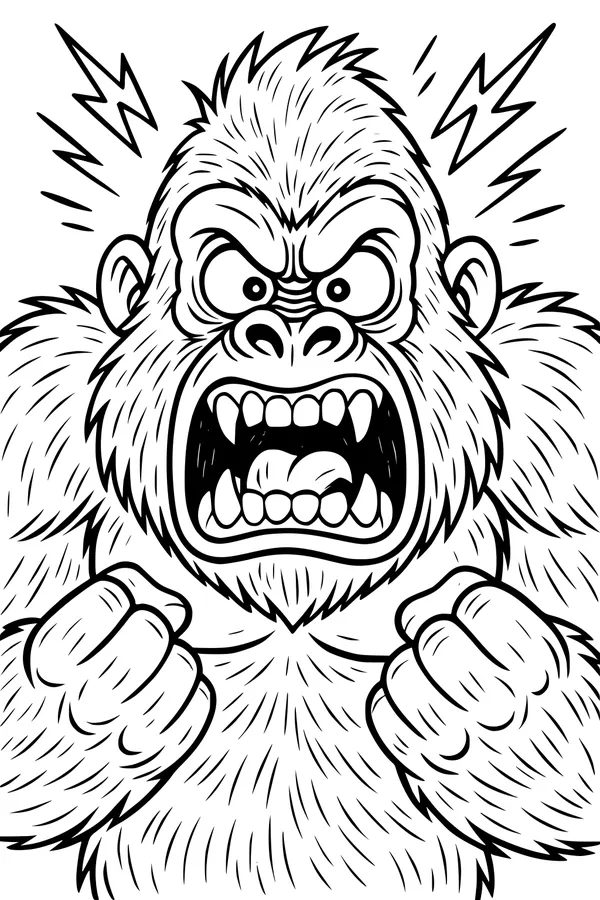 Free Gorilla Coloring Page - Angry Cartoon Ape With Lightning (Printable PDF)