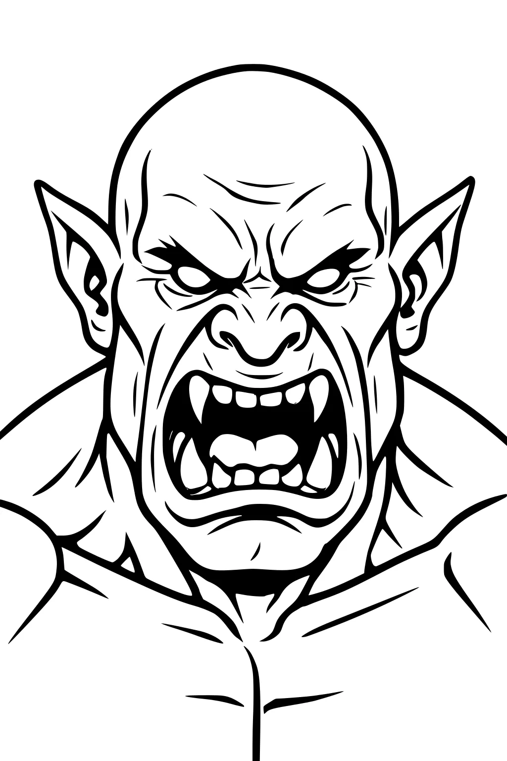 Line art of a roaring bald ogre with pointed ears, wrinkled brow, open mouth, tusks, and broad shoulders.