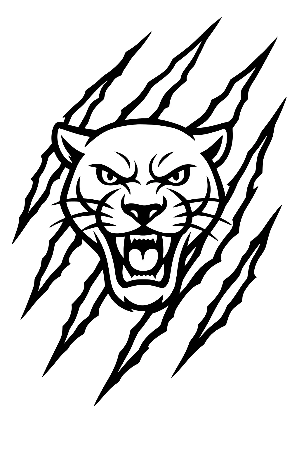 Panther head with open mouth, fierce eyes, sharp teeth, surrounded by claw mark scratches.