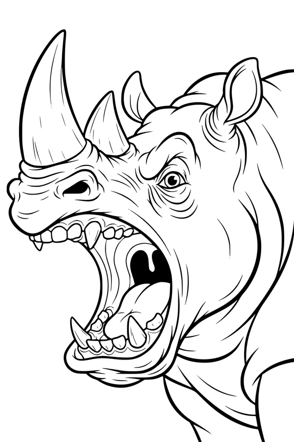 Free Rhinoceros Coloring Page - Big Yawn With Giant Horns (Printable PDF)