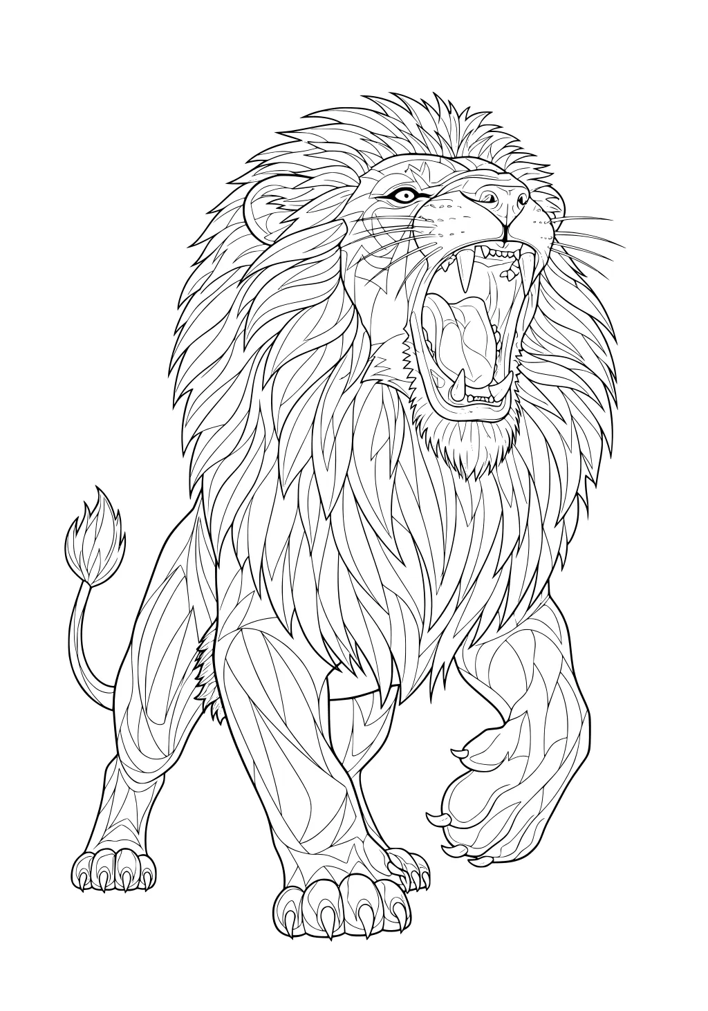 Detailed illustration of a roaring lion with a full mane and open mouth, standing on four strong legs.