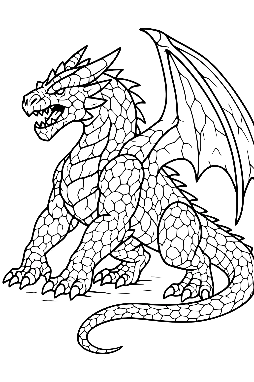 Winged dragon with open mouth and stone-like scales crouches on ground; claws spread, one wing raised, long tail curved behind.