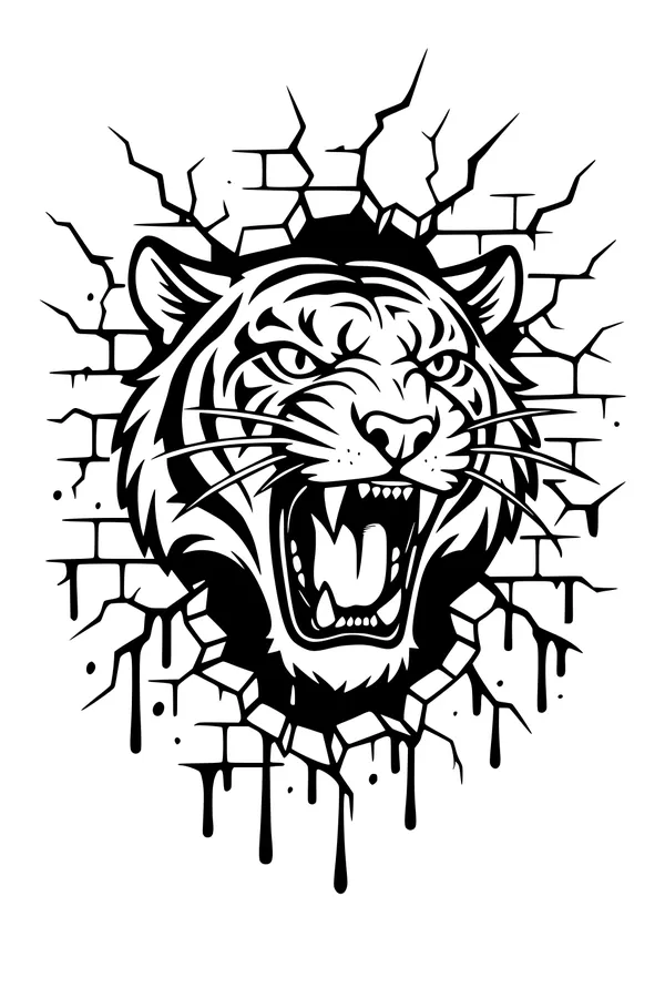 Free Tiger Coloring Page - Roaring Tiger Bursting Through Brick Wall (Printable PDF)