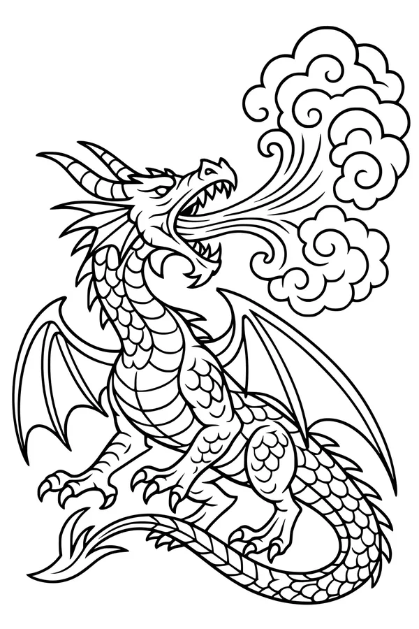 Free Dragon Coloring Page - Roaring Sky Dragon With Swirling Smoke (Printable PDF)
