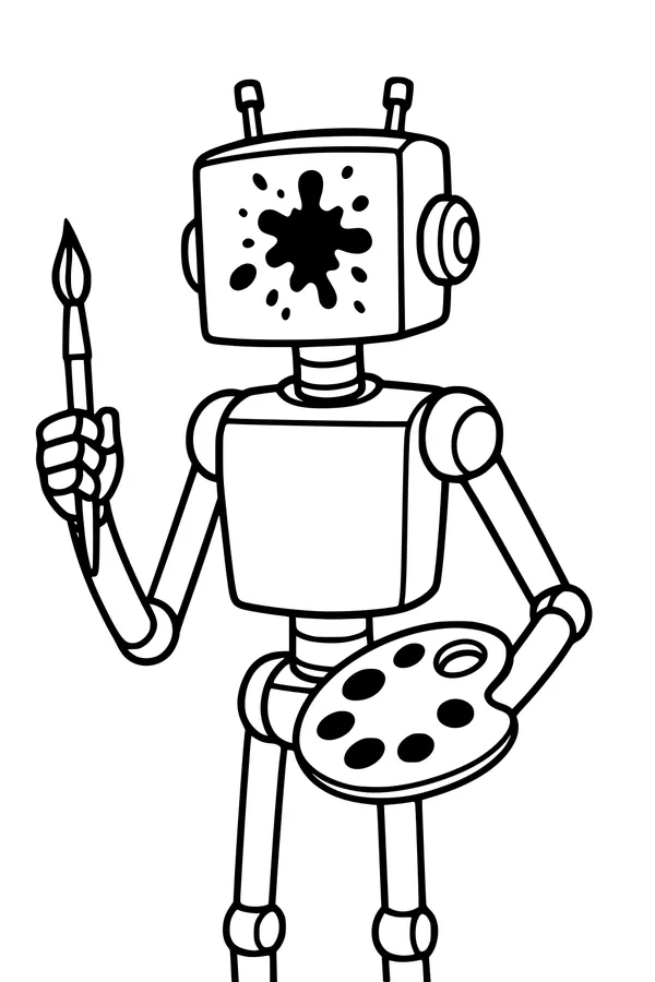 Free Robot Painter Coloring Page - Cartoon Android With Brush And Palette (Printable PDF)
