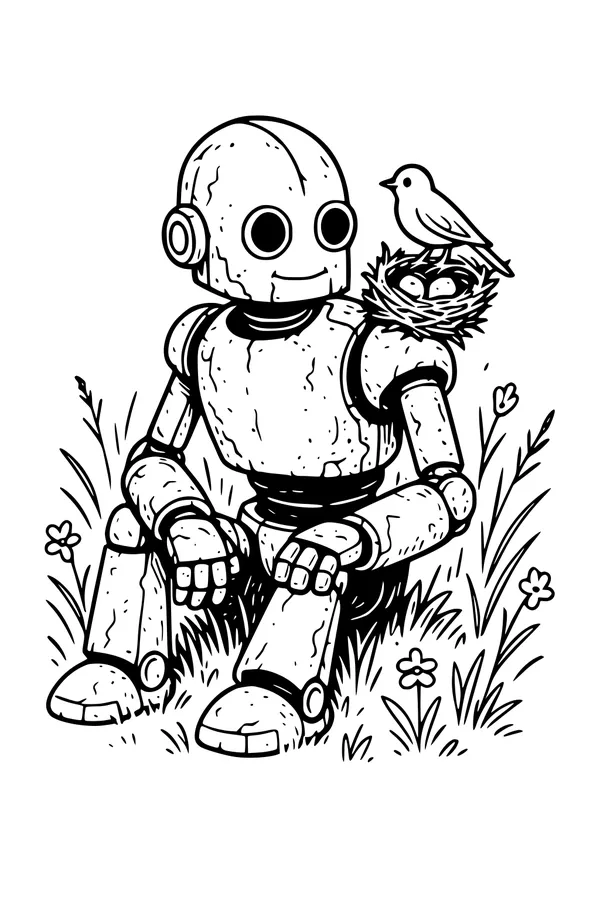 Free Robot Coloring Page - Friendly Android With Bird Nest in Meadow (Printable PDF)