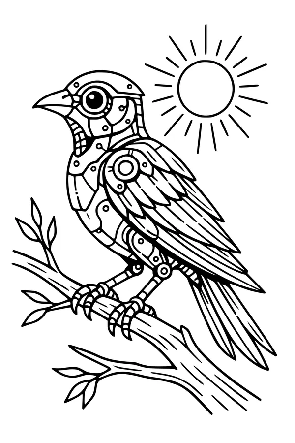 Free Robot Bird Coloring Page - Mechanical Robo-Bird in the Sun (Printable PDF)