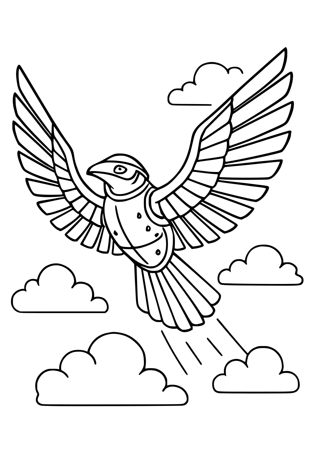 Robotic bird-shaped UFO with wide wings flying among puffy clouds, armored body panels, and motion lines from the tail.