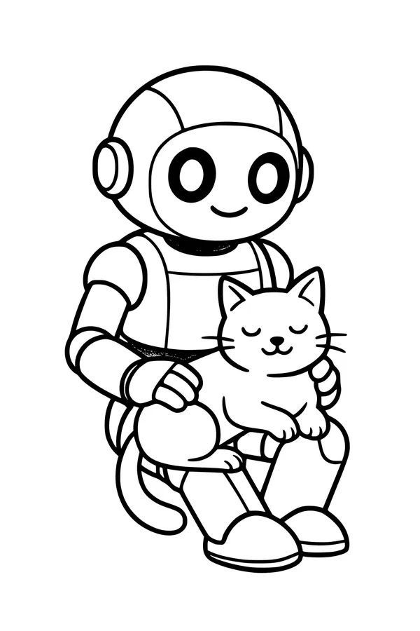 Free Robot Coloring Page - Friendly Android With Cat Pal (Printable PDF)