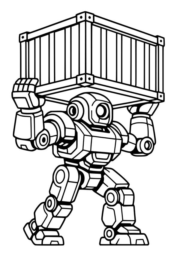 Free Robot Coloring Page - Power Bot Lifting Giant Crate (Printable PDF)