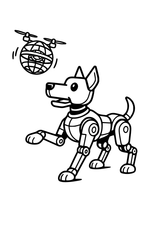 Free Robot Dog Coloring Page - Robo Pup Chasing Whirly Drone (Printable PDF)