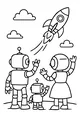 Free Robot Family Coloring Page - Androids Waving at Rocket Launch (Printable PDF)