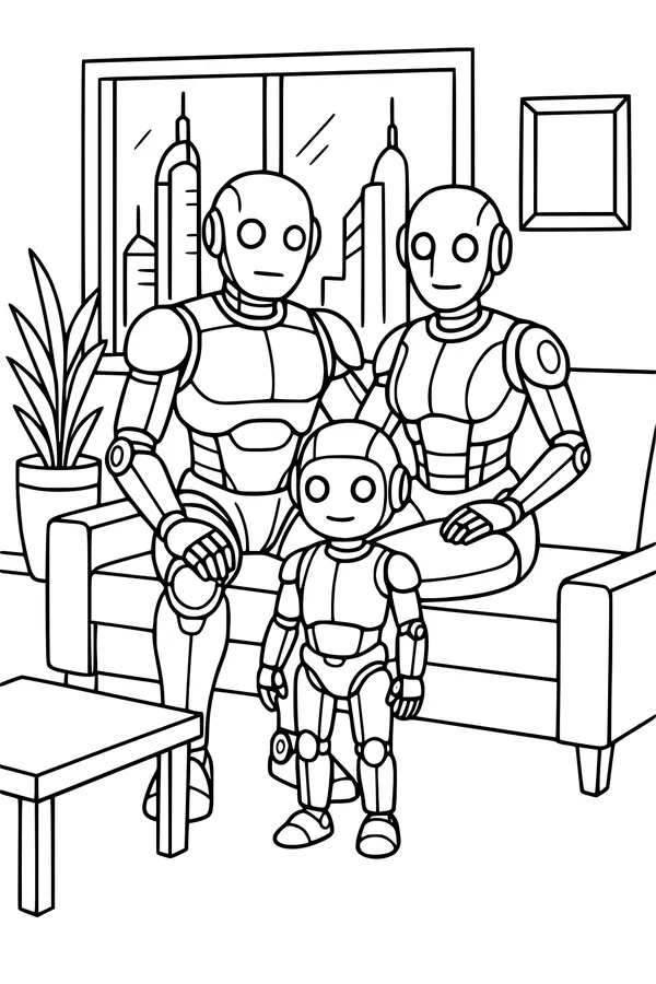 Free Robot Family Coloring Page - Cozy Sofa Living Room Scene (Printable PDF)