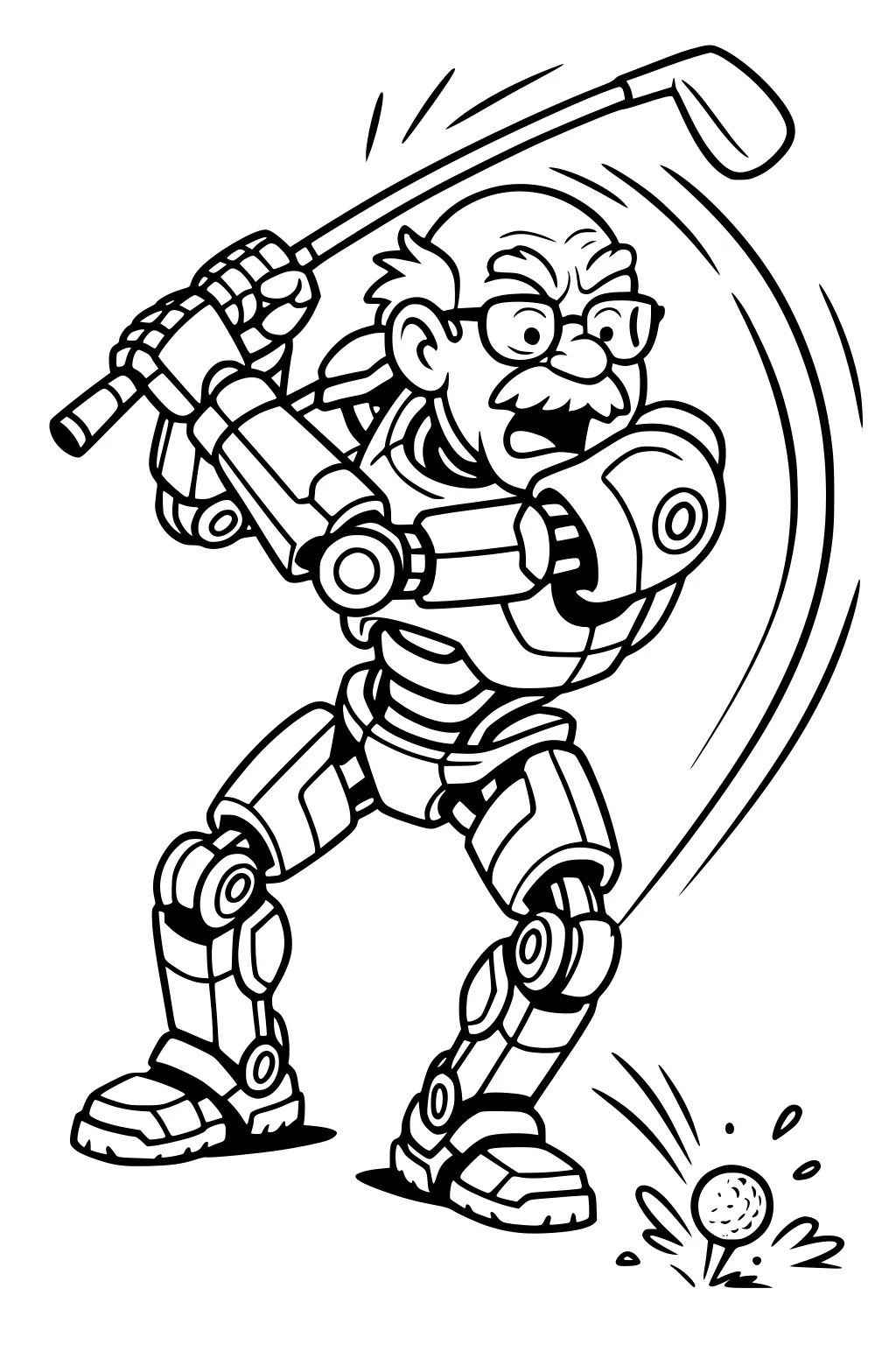 Grandpa in a robot suit swings a golf club at a teed ball; motion lines, glasses, mustache, and chunky armor joints.
